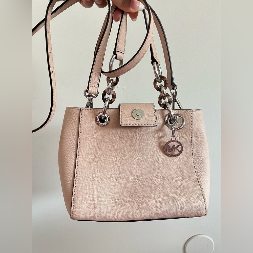 Michael Kors Mini Cynthia Pink Saffiano Leather Satchel Bag with Chain Straps